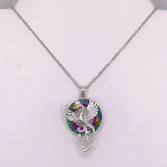 Gorgeous Rainbow Crystal Mystic Phoenix Rebirth Stainless Steel Necklace New NWT - Picture 2 of 3